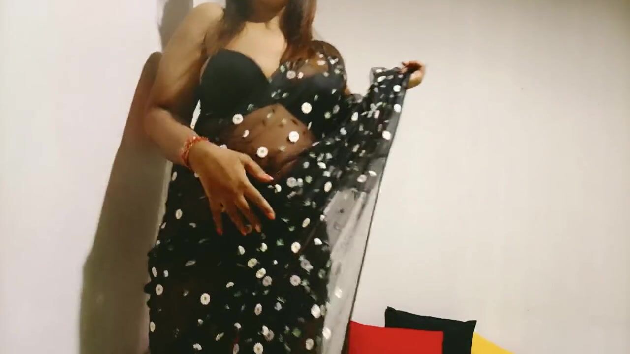 Hot Wife Jaanu Strip teasing Black See through Saree and Open Her Legs To Play with her Juicy Pussy watch online