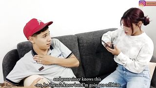 My stepsister's boyfriend fucks my pussy hard in exchange for keeping a secret - Porn in Spanish