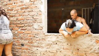 Perverted stepfather fucks his stepdaughter's ass while his wife does the laundry.