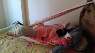 Desi 18 year old Teen married stepsister tied to her bed rough fucked by stranger while her husband was not home then she Rides - 1 image