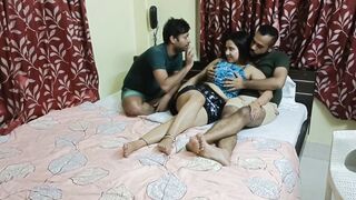 Two Guys invite a girl and seducing her m made threesome fucking session. - 2 image