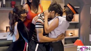 Three unsatisfied hot Indian milf called a young boy seduce him and get fucked him forcefully hardcore amateur sex video with real Hindi audio - 2 image