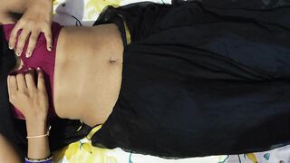 Sexy housewife in black saree showing her assets to her followers - 5 image