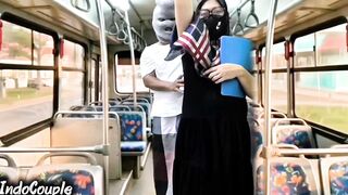 Muslim wife gets wild in a public bus with stranger - hijab-clad face and pussy included!