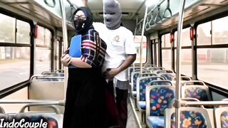 Muslim wife gets wild in a public bus with stranger - hijab-clad face and pussy included!