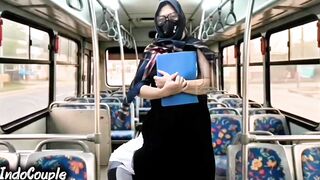 Muslim wife gets wild in a public bus with stranger - hijab-clad face and pussy included!