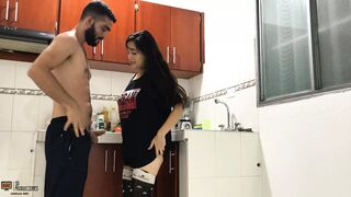 Fucking in the kitchen of my house while my stepfathers are lying down - Porn in Spanish - 1 image