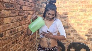 Indian slut giving a waterplay, wet white shirt show, nipple play, boobs close up